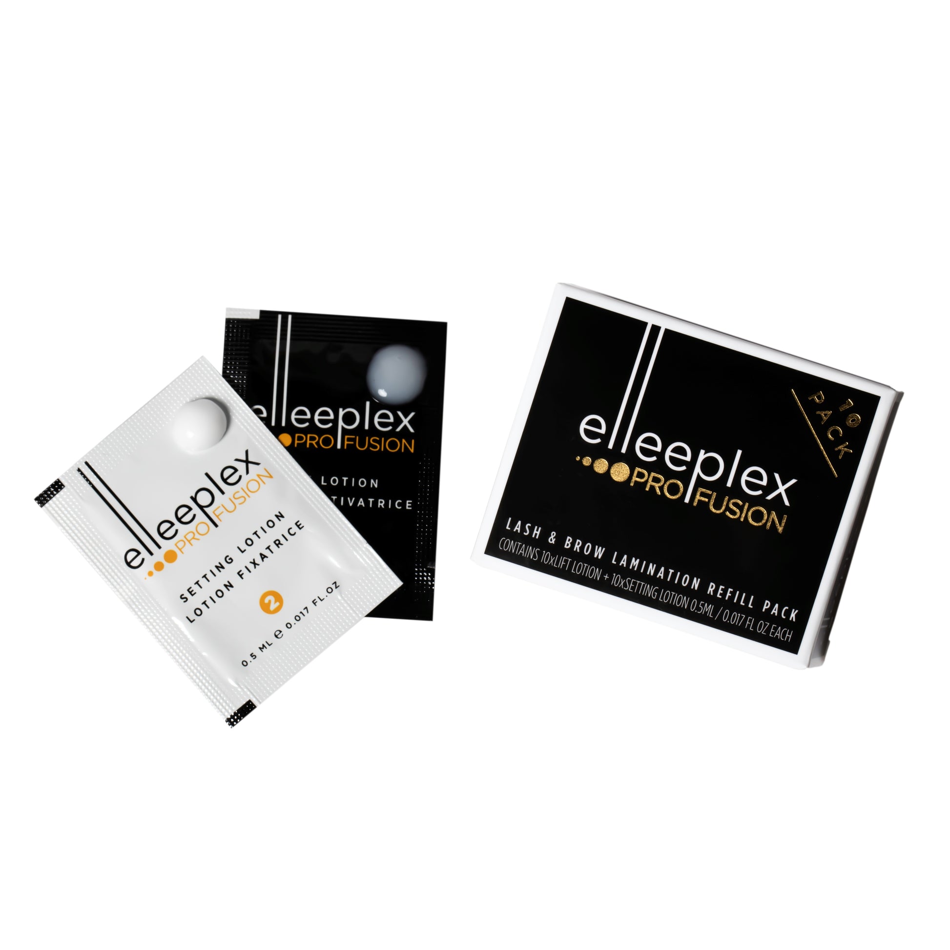 Pack of 10 lifting and 10 setting single-use lotion sachets for Elleebana Elleeplex Profusion lash lifting and brow lamination, featuring a vegan, TGA-free, cysteamine-based formula made in Australia.