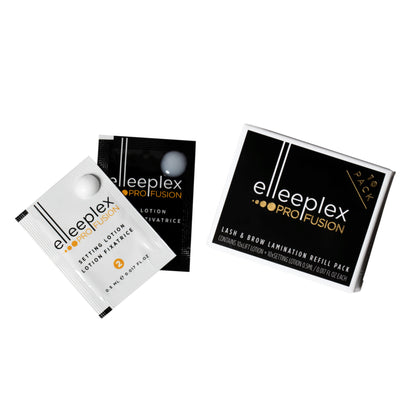 Pack of 10 lifting and 10 setting single-use lotion sachets for Elleebana Elleeplex Profusion lash lifting and brow lamination, featuring a vegan, TGA-free, cysteamine-based formula made in Australia.