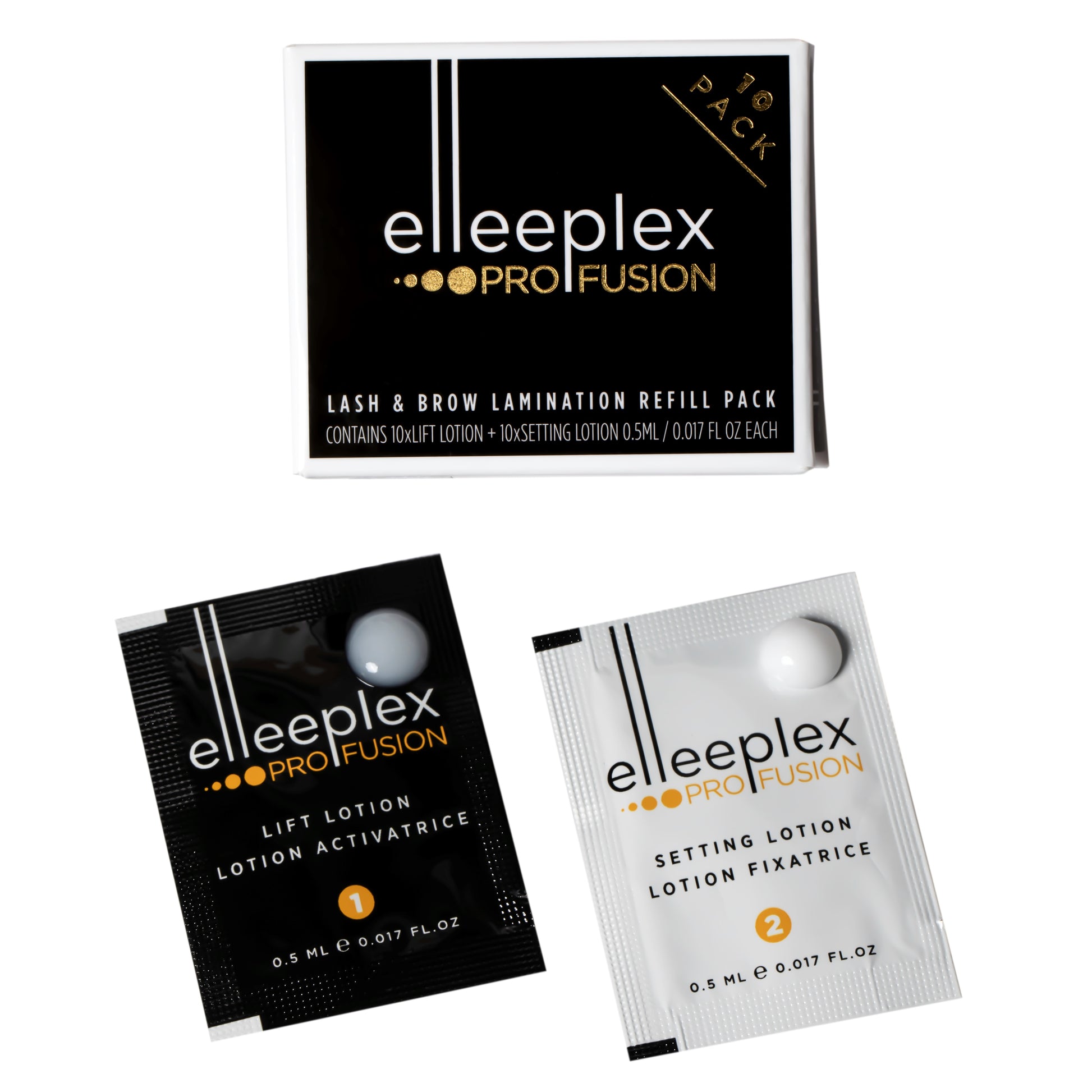 Pack of 10 lifting and 10 setting single-use lotion sachets for Elleebana Elleeplex Profusion lash lifting and brow lamination, featuring a vegan, TGA-free, cysteamine-based formula made in Australia.