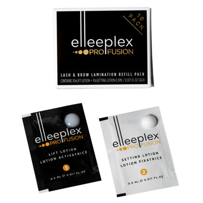 Pack of 10 lifting and 10 setting single-use lotion sachets for Elleebana Elleeplex Profusion lash lifting and brow lamination, featuring a vegan, TGA-free, cysteamine-based formula made in Australia.