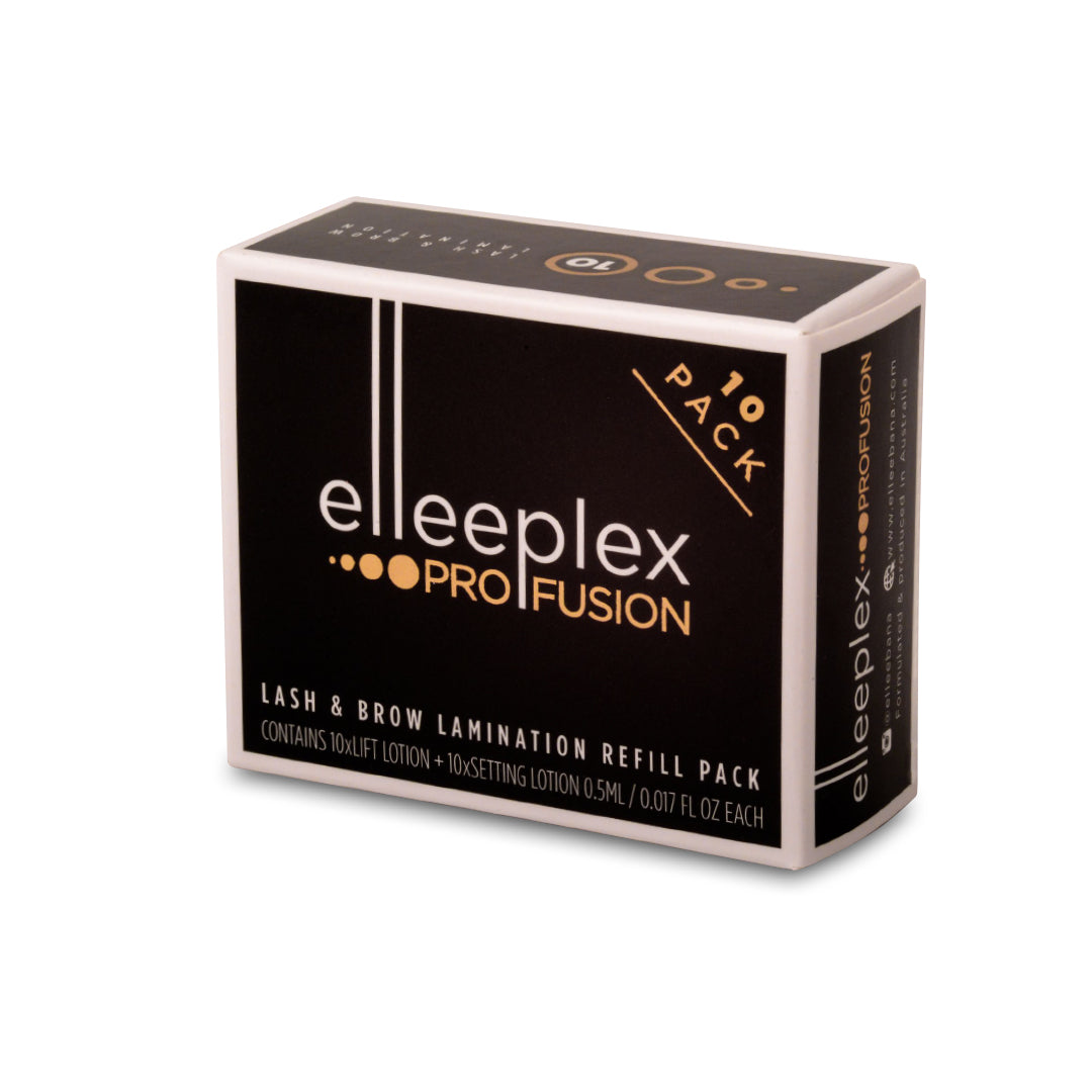 Pack of 10 lifting and 10 setting single-use lotion sachets for Elleebana Elleeplex Profusion lash lifting and brow lamination, featuring a vegan, TGA-free, cysteamine-based formula made in Australia.