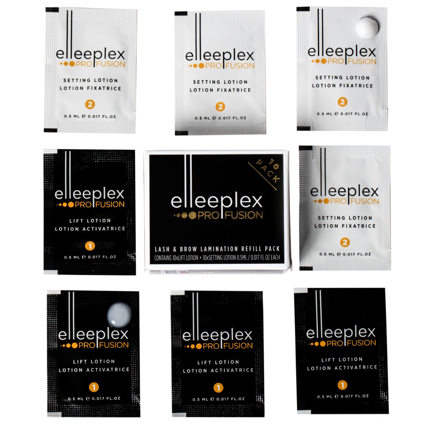 Pack of 10 lifting and 10 setting single-use lotion sachets for Elleebana Elleeplex Profusion lash lifting and brow lamination, featuring a vegan, TGA-free, cysteamine-based formula made in Australia.