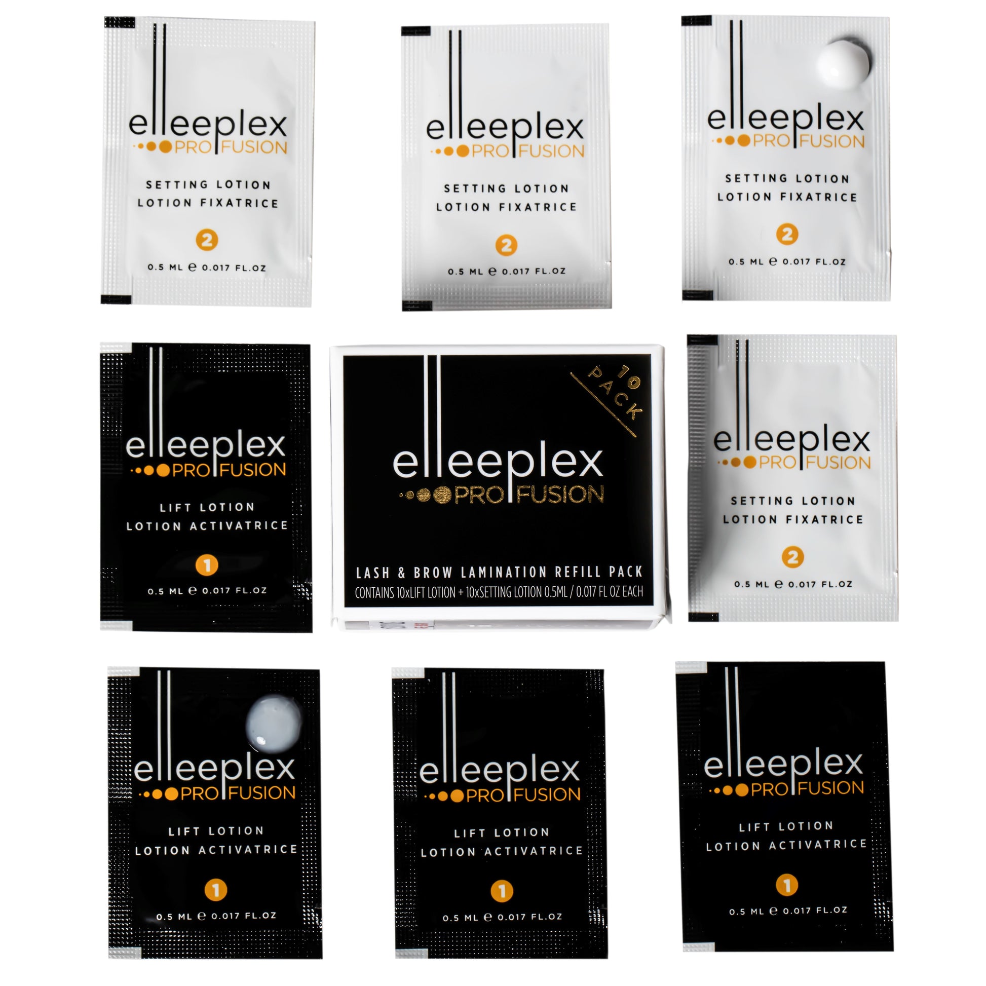 Pack of 10 lifting and 10 setting single-use lotion sachets for Elleebana Elleeplex Profusion lash lifting and brow lamination, featuring a vegan, TGA-free, cysteamine-based formula made in Australia.