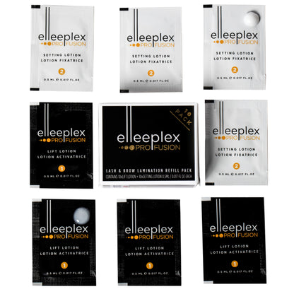 Pack of 10 lifting and 10 setting single-use lotion sachets for Elleebana Elleeplex Profusion lash lifting and brow lamination, featuring a vegan, TGA-free, cysteamine-based formula made in Australia.