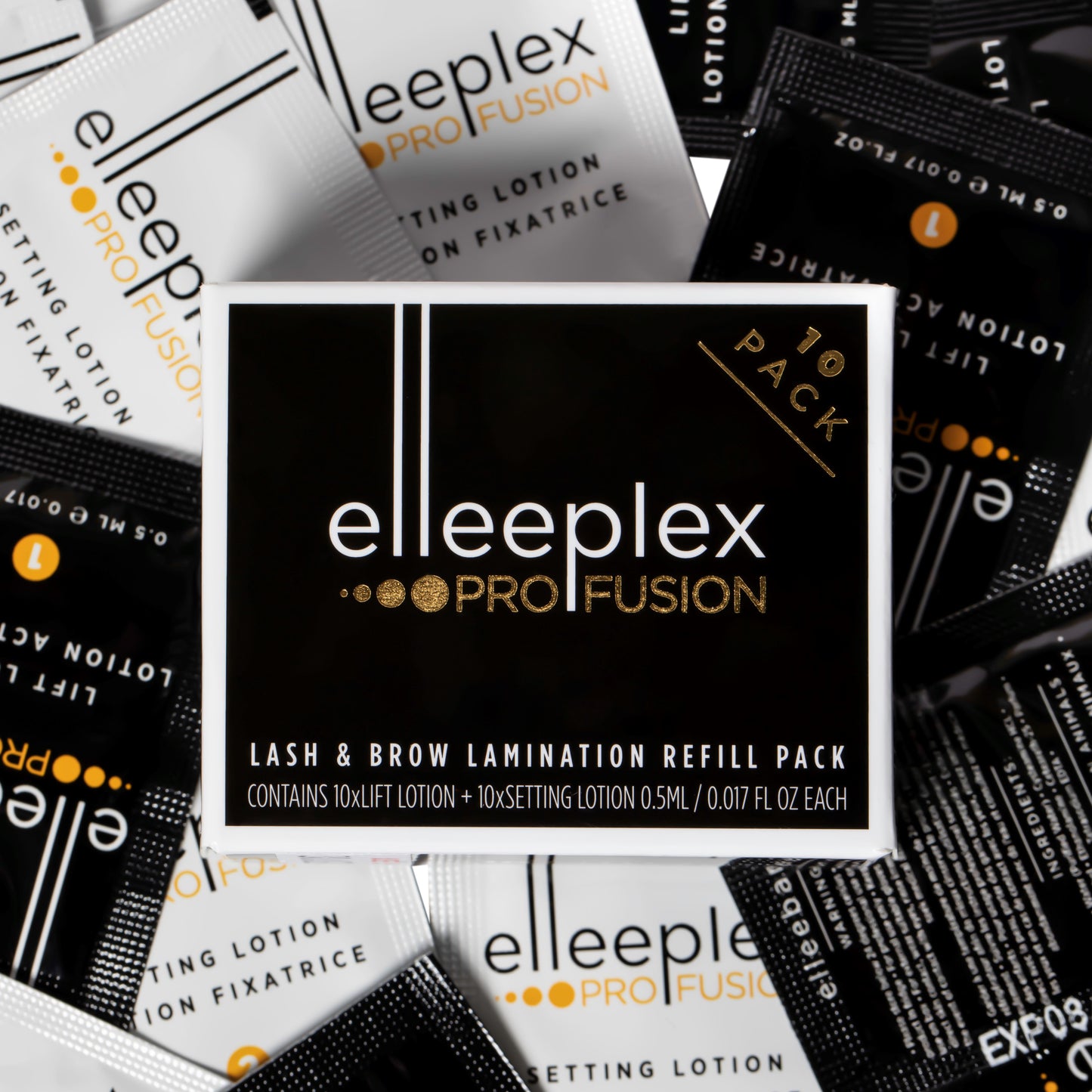  Pack of 10 lifting and 10 setting single-use lotion sachets for Elleebana Elleeplex Profusion lash lifting and brow lamination, featuring a vegan, TGA-free, cysteamine-based formula made in Australia.