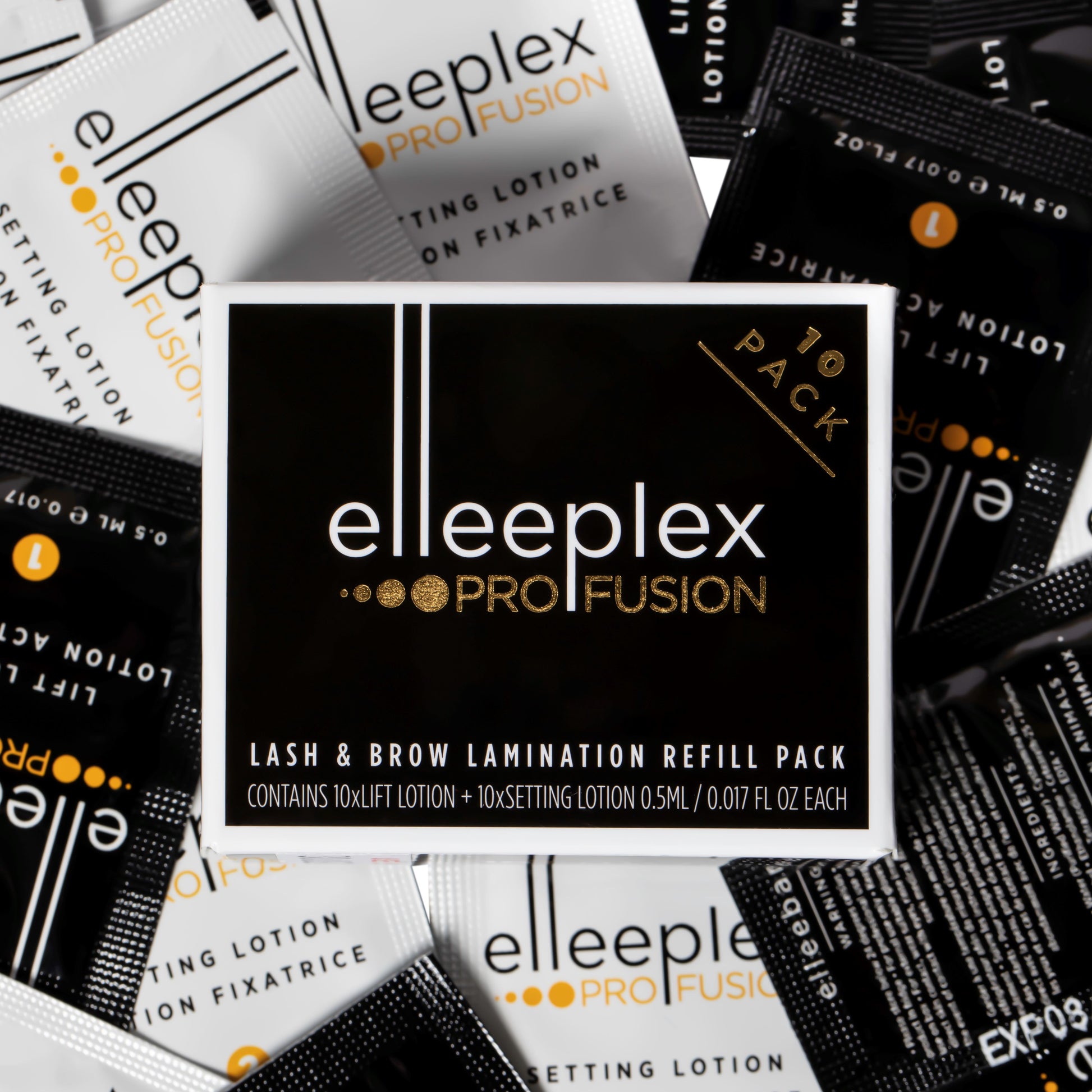  Pack of 10 lifting and 10 setting single-use lotion sachets for Elleebana Elleeplex Profusion lash lifting and brow lamination, featuring a vegan, TGA-free, cysteamine-based formula made in Australia.