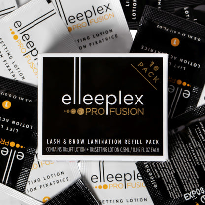  Pack of 10 lifting and 10 setting single-use lotion sachets for Elleebana Elleeplex Profusion lash lifting and brow lamination, featuring a vegan, TGA-free, cysteamine-based formula made in Australia.