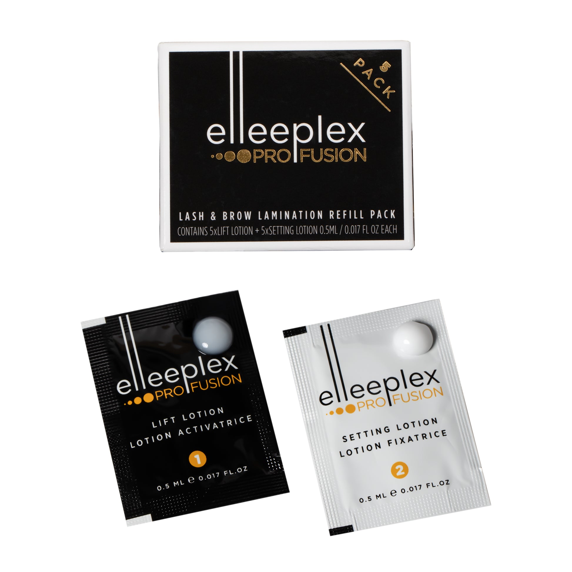 Pack of 5 perming/lifting and 5 setting single-use lotion sachets for Elleebana Elleeplex Profusion dual lash lift and brow lamination treatments, formulated with a vegan, TGA-free, cysteamine-based system made in Australia.
