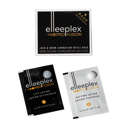 Pack of 5 perming/lifting and 5 setting single-use lotion sachets for Elleebana Elleeplex Profusion dual lash lift and brow lamination treatments, formulated with a vegan, TGA-free, cysteamine-based system made in Australia.