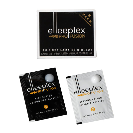 Pack of 5 perming/lifting and 5 setting single-use lotion sachets for Elleebana Elleeplex Profusion dual lash lift and brow lamination treatments, formulated with a vegan, TGA-free, cysteamine-based system made in Australia.