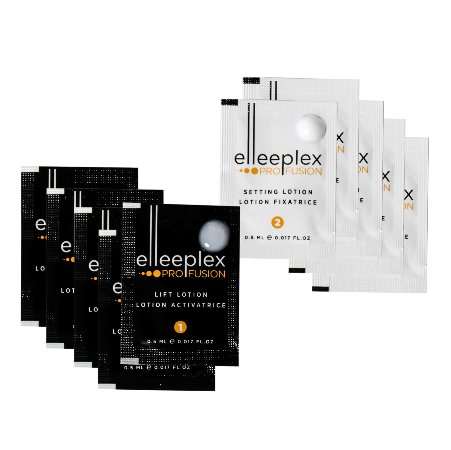 Pack of 5 perming/lifting and 5 setting single-use lotion sachets for Elleebana Elleeplex Profusion dual lash lift and brow lamination treatments, formulated with a vegan, TGA-free, cysteamine-based system made in Australia.