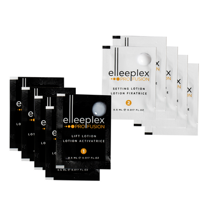 Pack of 5 perming/lifting and 5 setting single-use lotion sachets for Elleebana Elleeplex Profusion dual lash lift and brow lamination treatments, formulated with a vegan, TGA-free, cysteamine-based system made in Australia.