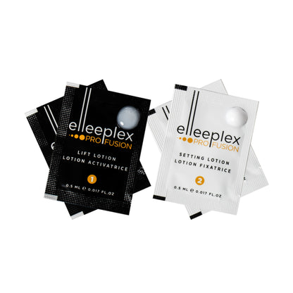Pack of 2 lifting and 2 setting single-use lotion sachets for Elleebana Elleeplex Profusion lash lifting and brow lamination treatments, featuring a vegan, TGA-free, cysteamine-based formula made in Australia.