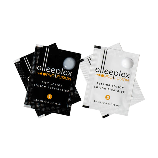 Pack of 2 lifting and 2 setting single-use lotion sachets for Elleebana Elleeplex Profusion lash lifting and brow lamination treatments, featuring a vegan, TGA-free, cysteamine-based formula made in Australia.