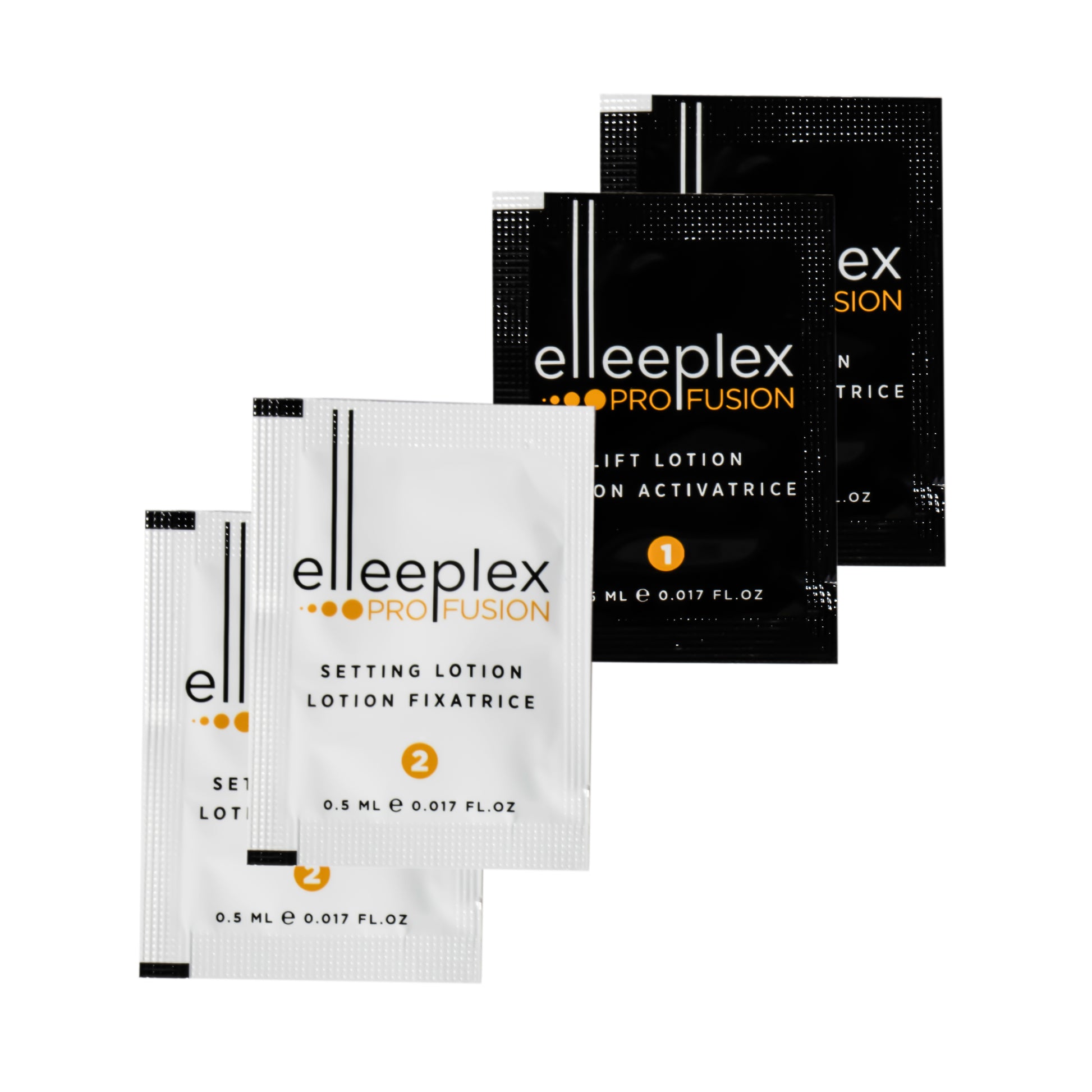Pack of 2 lifting and 2 setting single-use lotion sachets for Elleebana Elleeplex Profusion lash lifting and brow lamination treatments, featuring a vegan, TGA-free, cysteamine-based formula made in Australia.
