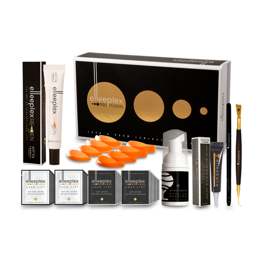 Complete Elleebana Elleeplex Profusion 30-treatment dual lash lift and brow lamination kit, including 30 lifting and 30 setting sachets, flex rods, squeeze adhesive, gold isolator tool, application brush, makeup remover, and Elleeplex ReGen.  