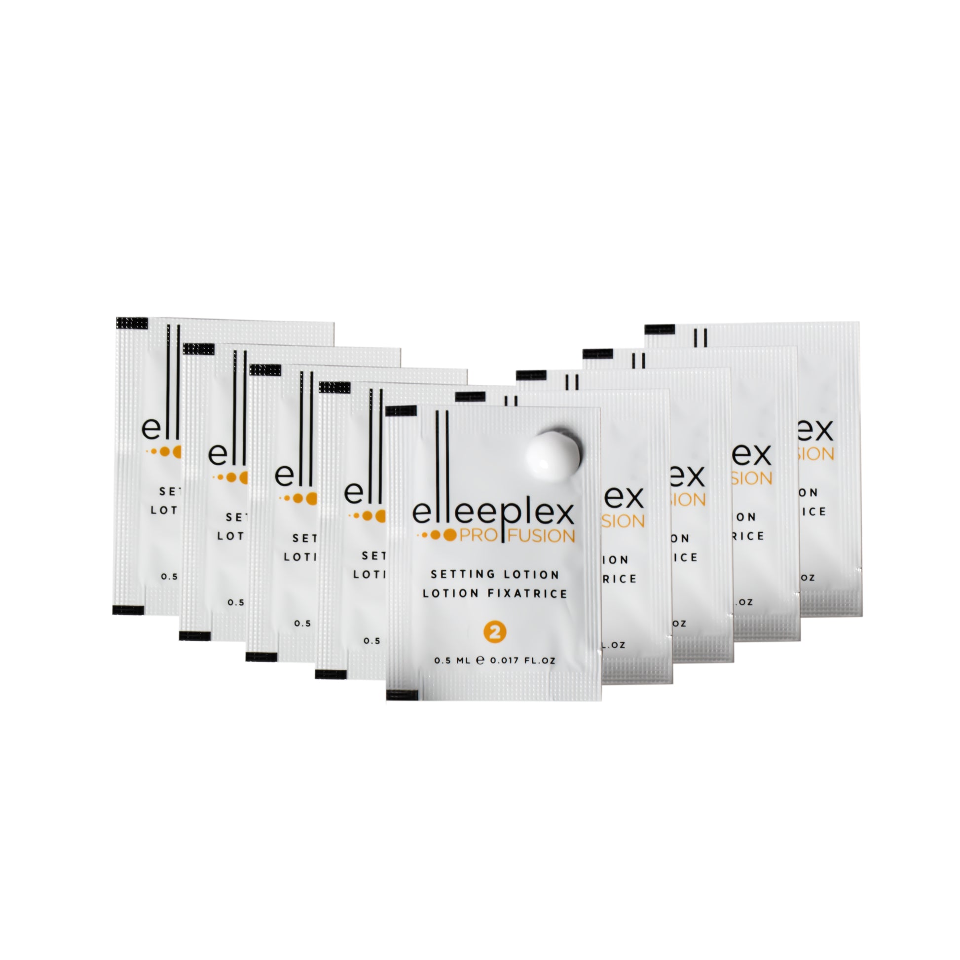 10-pack of individual Step 2 Elleeplex Profusion SET lotion sachets, designed as a standalone refill to neutralize and fix hair bonds post-lifting during lash and brow lamination services.