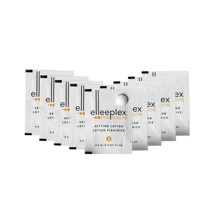 10-pack of individual Step 2 Elleeplex Profusion SET lotion sachets, designed as a standalone refill to neutralize and fix hair bonds post-lifting during lash and brow lamination services.