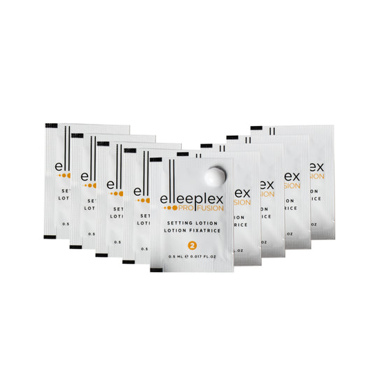 10-pack of individual Step 2 Elleeplex Profusion SET lotion sachets, designed as a standalone refill to neutralize and fix hair bonds post-lifting during lash and brow lamination services.