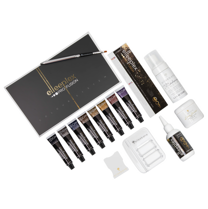 Complete Elleeplex Profusion Lash and Brow Tint Kit including 8 tint shades (black, blue-black, deep brown, light brown, honey brown, graphite, violet, auburn), cream oxidant, eye shields, protective balm, makeup remover, mixing dish, and application tools.