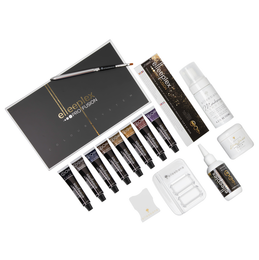 Complete Elleeplex Profusion Lash and Brow Tint Kit including 8 tint shades (black, blue-black, deep brown, light brown, honey brown, graphite, violet, auburn), cream oxidant, eye shields, protective balm, makeup remover, mixing dish, and application tools.