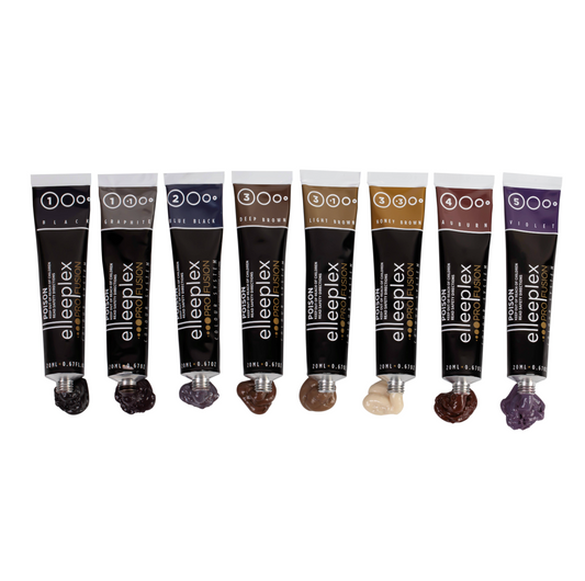 A range of 8 squeeze tubes of Swiss-made Elleebana Elleeplex Profusion lash and brow tints, available in various shades including Black, Blue Black, Graphite, Deep Brown, Light Brown, Honey Brown, Auburn, and Violet.