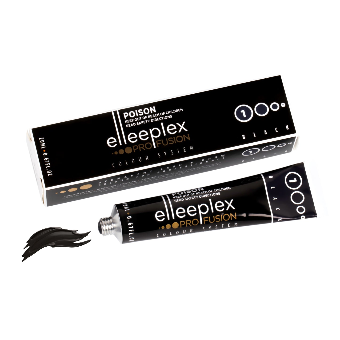 A range of 8 squeeze tubes of Swiss-made Elleebana Elleeplex Profusion lash and brow tints, available in various shades including Black, Blue Black, Graphite, Deep Brown, Light Brown, Honey Brown, Auburn, and Violet.