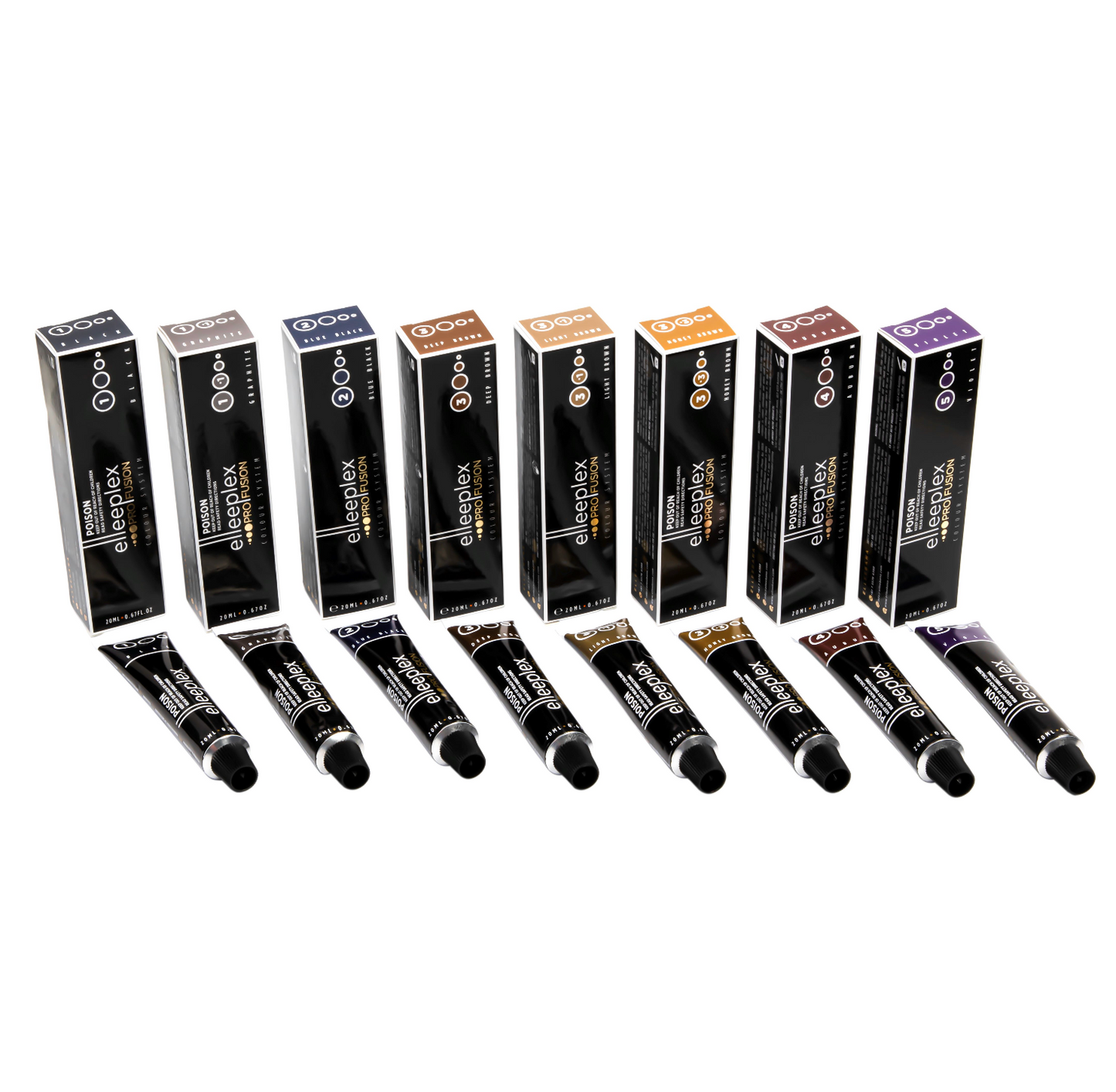 A range of 8 squeeze tubes of Swiss-made Elleebana Elleeplex Profusion lash and brow tints, available in various shades including Black, Blue Black, Graphite, Deep Brown, Light Brown, Honey Brown, Auburn, and Violet.