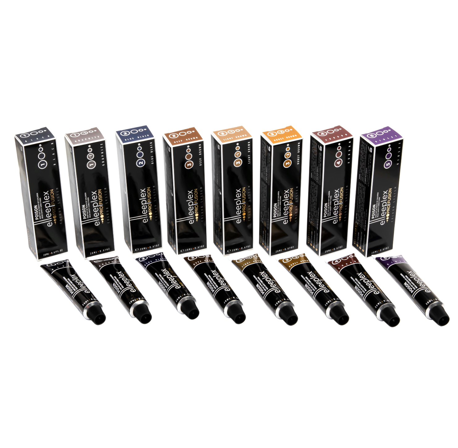 A range of 8 squeeze tubes of Swiss-made Elleebana Elleeplex Profusion lash and brow tints, available in various shades including Black, Blue Black, Graphite, Deep Brown, Light Brown, Honey Brown, Auburn, and Violet.