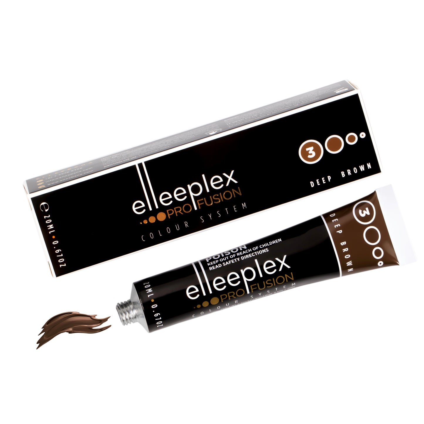 A range of 8 squeeze tubes of Swiss-made Elleebana Elleeplex Profusion lash and brow tints, available in various shades including Black, Blue Black, Graphite, Deep Brown, Light Brown, Honey Brown, Auburn, and Violet.