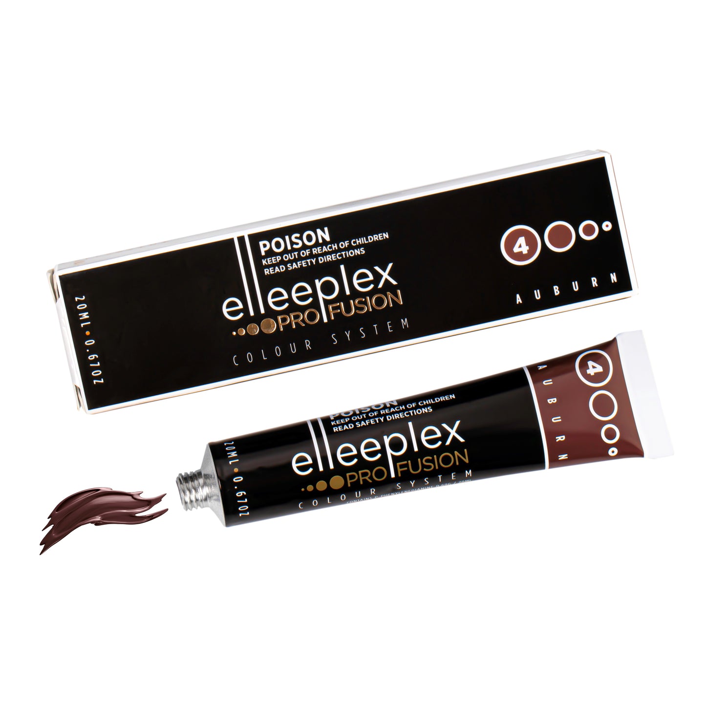 A range of 8 squeeze tubes of Swiss-made Elleebana Elleeplex Profusion lash and brow tints, available in various shades including Black, Blue Black, Graphite, Deep Brown, Light Brown, Honey Brown, Auburn, and Violet.