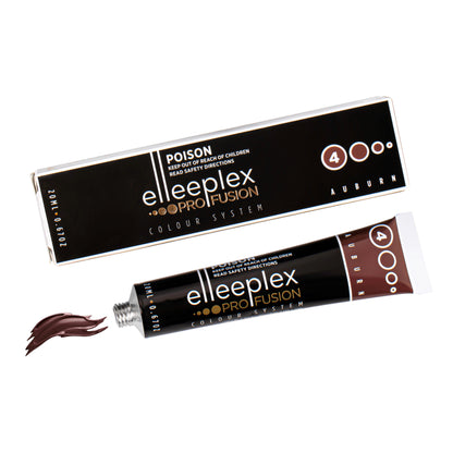 A range of 8 squeeze tubes of Swiss-made Elleebana Elleeplex Profusion lash and brow tints, available in various shades including Black, Blue Black, Graphite, Deep Brown, Light Brown, Honey Brown, Auburn, and Violet.