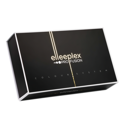 Complete Elleebana Elleeplex Profusion Pro Full Tint Kit containing four tint shades (black, blue black, deep brown, light brown), creme oxidant, protective eye balm, eye shields, application brush, and mixing accessories for professional lash and brow tinting.
