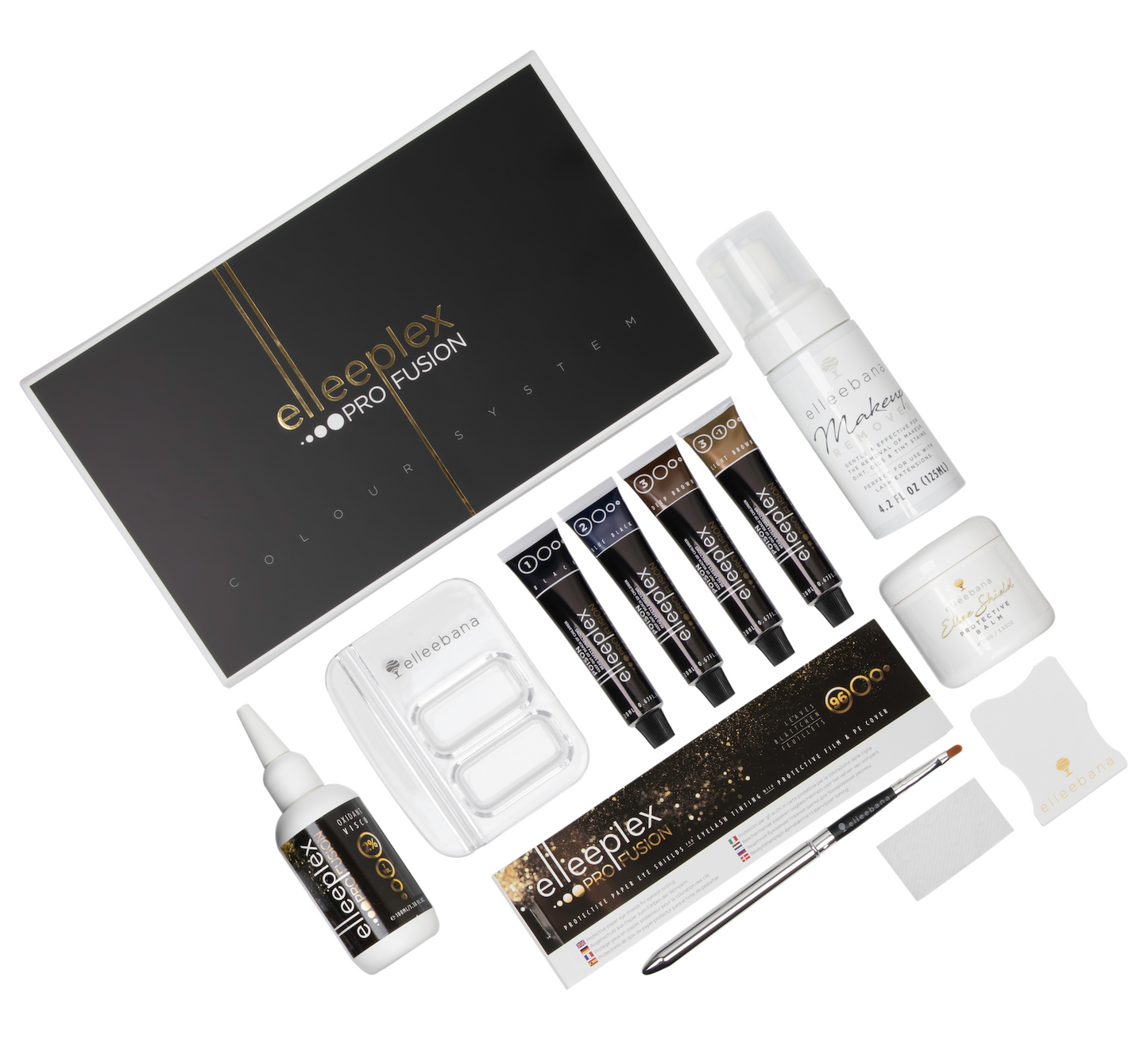 Complete Elleebana Elleeplex Profusion Pro Full Tint Kit containing four tint shades (black, blue black, deep brown, light brown), creme oxidant, protective eye balm, eye shields, application brush, and mixing accessories for professional lash and brow tinting.