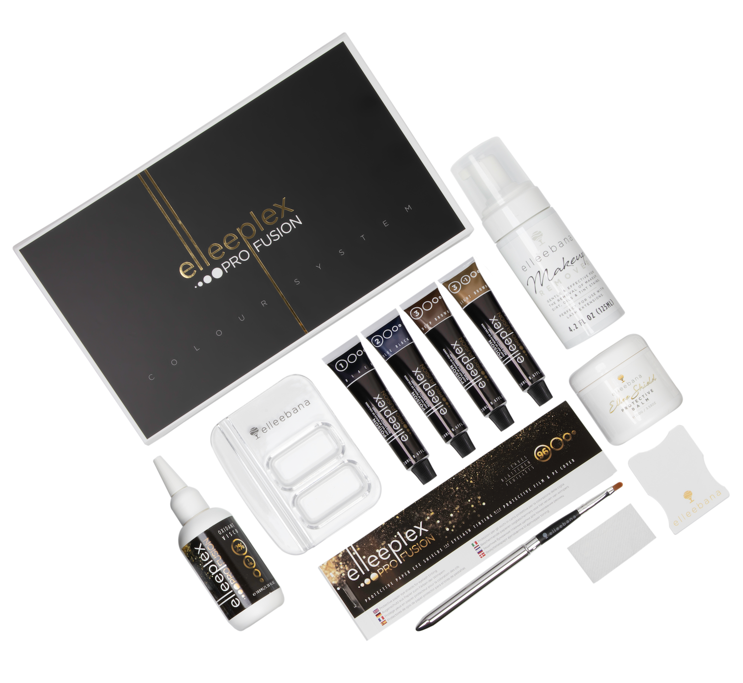 Complete Elleebana Elleeplex Profusion Pro Full Tint Kit containing four tint shades (black, blue black, deep brown, light brown), creme oxidant, protective eye balm, eye shields, application brush, and mixing accessories for professional lash and brow tinting.