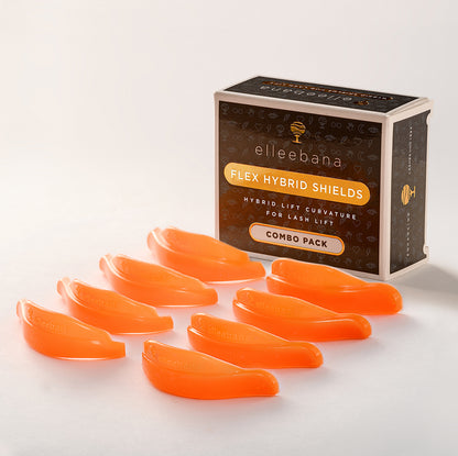 Elleebana Flex Hybrid silicone lash lift shields set, engineered with ultra-soft moldable silicone, asymmetrical left/right design, and signature tree tabs for adhesive-free eye placement.