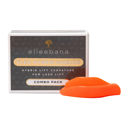 Elleebana Flex Hybrid silicone lash lift shields set, engineered with ultra-soft moldable silicone, asymmetrical left/right design, and signature tree tabs for adhesive-free eye placement.