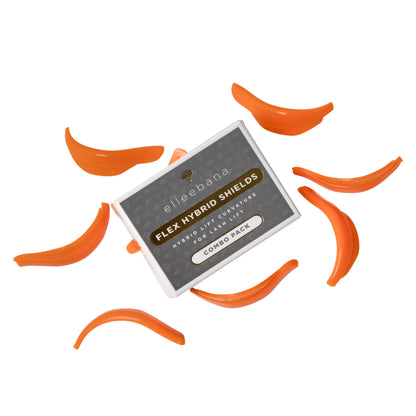 Elleebana Flex Hybrid silicone lash lift shields set, engineered with ultra-soft moldable silicone, asymmetrical left/right design, and signature tree tabs for adhesive-free eye placement.