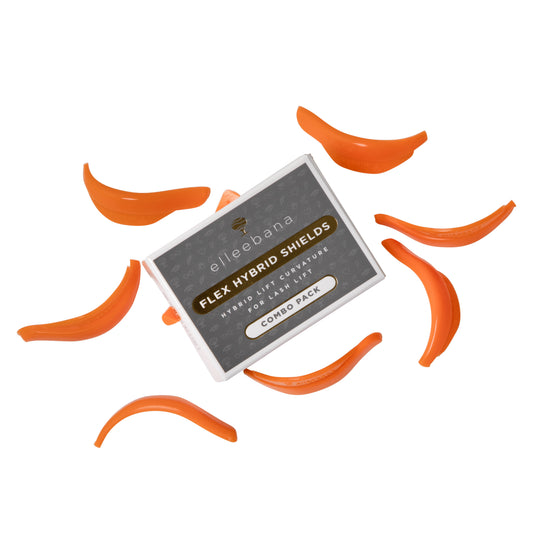 Elleebana Flex Hybrid silicone lash lift shields set, engineered with ultra-soft moldable silicone, asymmetrical left/right design, and signature tree tabs for adhesive-free eye placement.