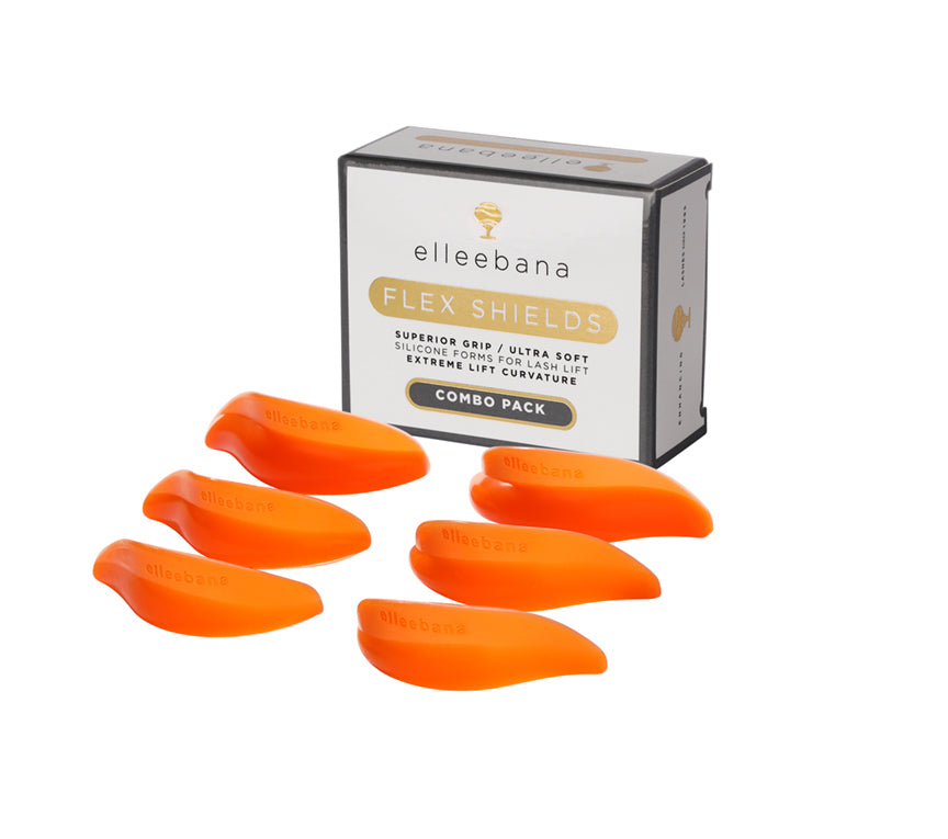 Set of ultra-soft, glueless Elleebana Flex Shields silicone lash lift rods, designed with left and right side markings for custom eye-fitting without eyelid adhesive.