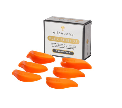 Set of ultra-soft, glueless Elleebana Flex Shields silicone lash lift rods, designed with left and right side markings for custom eye-fitting without eyelid adhesive.
