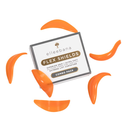 Set of ultra-soft, glueless Elleebana Flex Shields silicone lash lift rods, designed with left and right side markings for custom eye-fitting without eyelid adhesive.