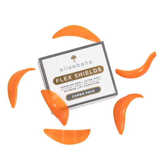 Set of ultra-soft, glueless Elleebana Flex Shields silicone lash lift rods, designed with left and right side markings for custom eye-fitting without eyelid adhesive.