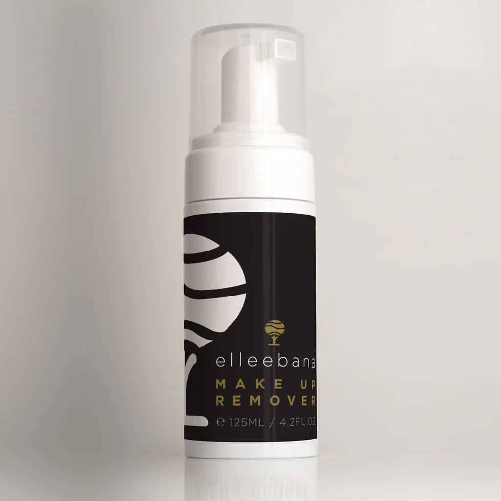 Bottles of Elleebana foaming lash and brow cleanser with pop-art style label design for professional prep and salon retail.