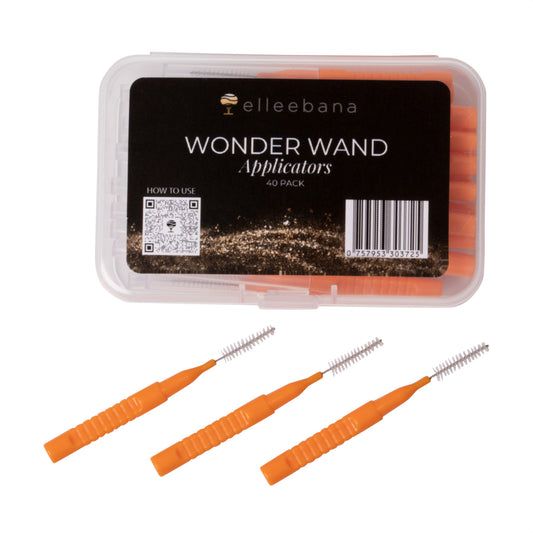 Container of 40 reusable Elleebana Wonder Wands in vibrant 2024 Pantone Fuzzy Peach orange, essential tools for brow lamination, lash lifts, and lash extensions.