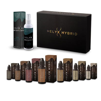 Elleebana Helyx Hybrid Dye starter kit, including various dye shades and developer products, arranged alongside official course training materials.