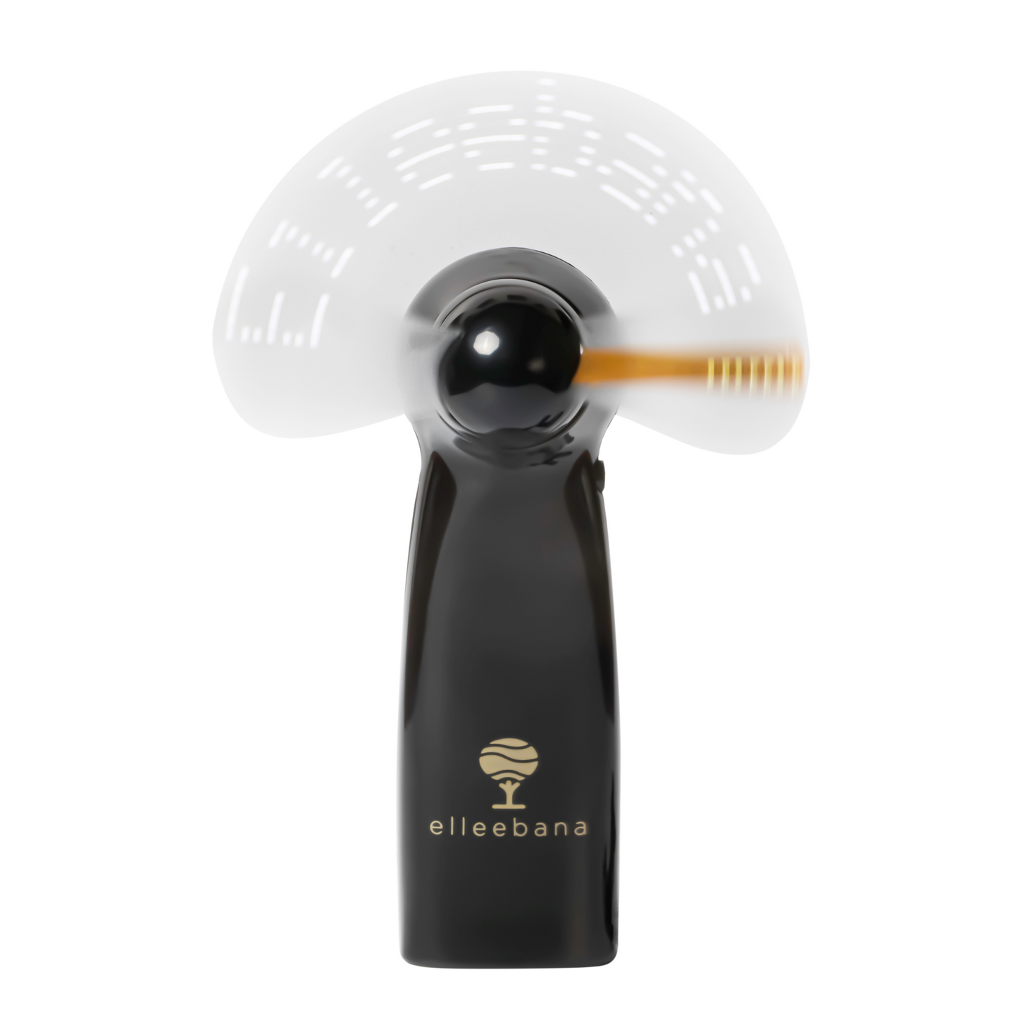 Portable black handheld lash drying fan featuring light-up LED blades that spell out "ELLEEBANA" in motion, designed for soothing, cooling, and drying lashes and brows after lift, tint, henna, or extension services.