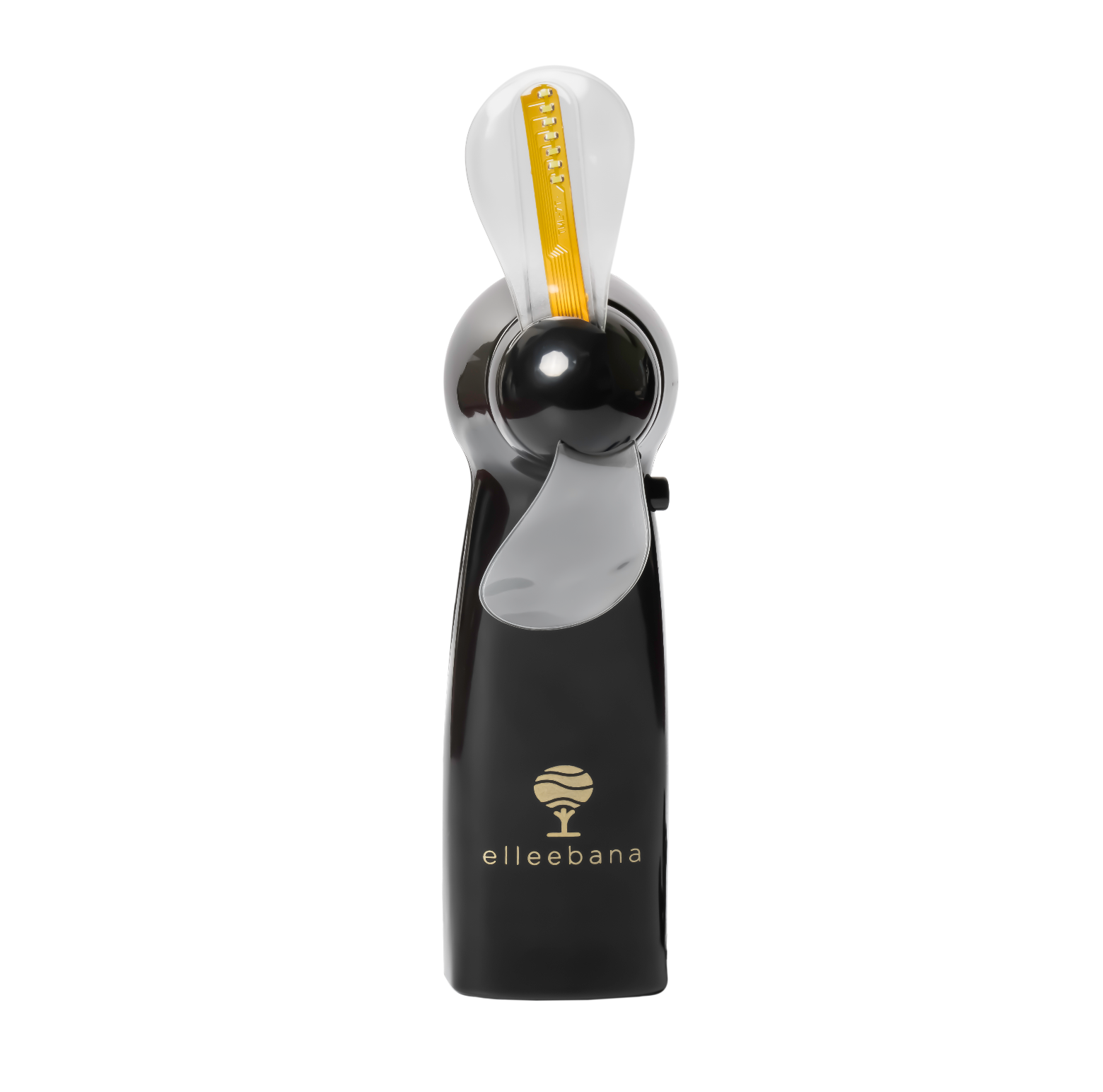 Portable black handheld lash drying fan featuring light-up LED blades that spell out "ELLEEBANA" in motion, designed for soothing, cooling, and drying lashes and brows after lift, tint, henna, or extension services.
