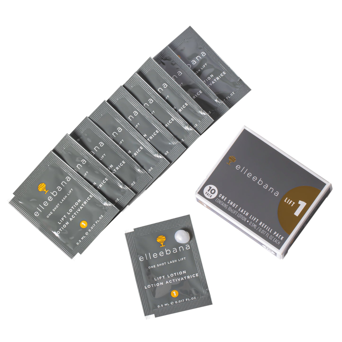 10-pack of individual Step 1 Elleebana Lash LIFT lotion sachets, designed as a standalone refill to break down disulfide bonds during the initial stage of the lash lift service.