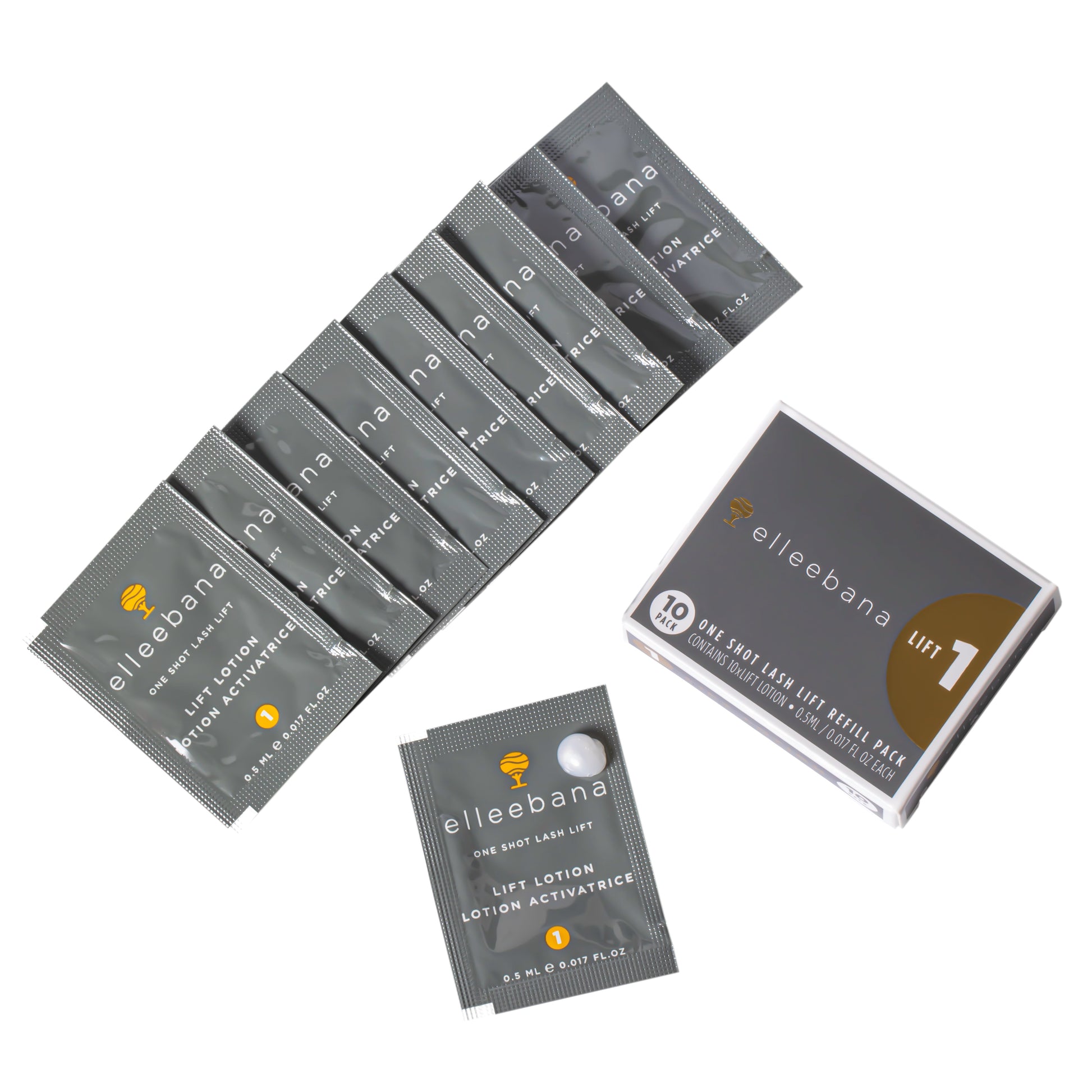 10-pack of individual Step 1 Elleebana Lash LIFT lotion sachets, designed as a standalone refill to break down disulfide bonds during the initial stage of the lash lift service.